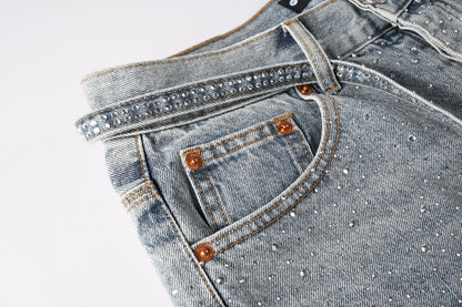 PURPLE   Men Streetwear Straight Denim Shorts Grey Wash with Rhinestone Speckles and Seam Accents 5096
