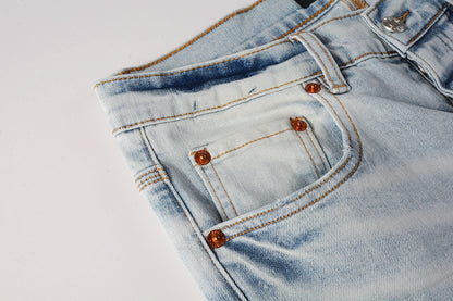 PURPLE  Men Streetwear Skinny Jeans Light Blue Wash with White Paint Splatter and Subtle Distress 9006