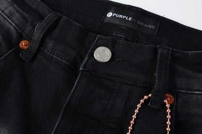 PURPLE  Men Streetwear Skinny Jeans Black Wash with Distressed Rips, Checkered Patches and White Paint Splatter 9001