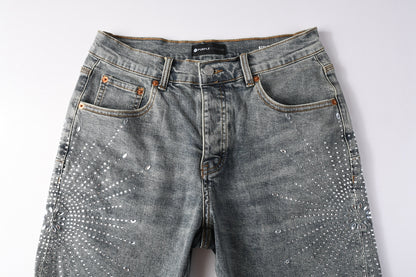 PURPLE  Men Streetwear Light Blue Denim Shorts with Radial White Rhinestone Designs 5093