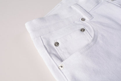 PURPLE  Men Streetwear White Cargo Denim Shorts with Multiple Pockets and Raw Hem 5082