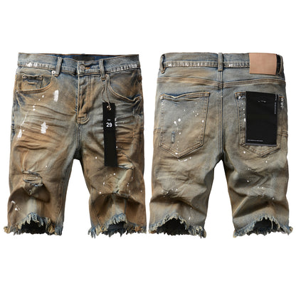 PURPLE  Men Streetwear Denim Shorts Brownish Wash with White Paint Splashes and Distressed Raw Hem 5012