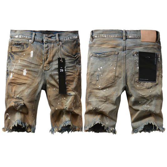 PURPLE  Men Streetwear Denim Shorts Brownish Wash with White Paint Splashes and Distressed Raw Hem 5012