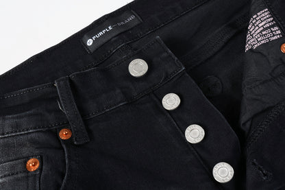 PURPLE  Men Streetwear Skinny Jeans Black Wash with Distressed Rips, Checkered Patches and White Paint Splatter 9001