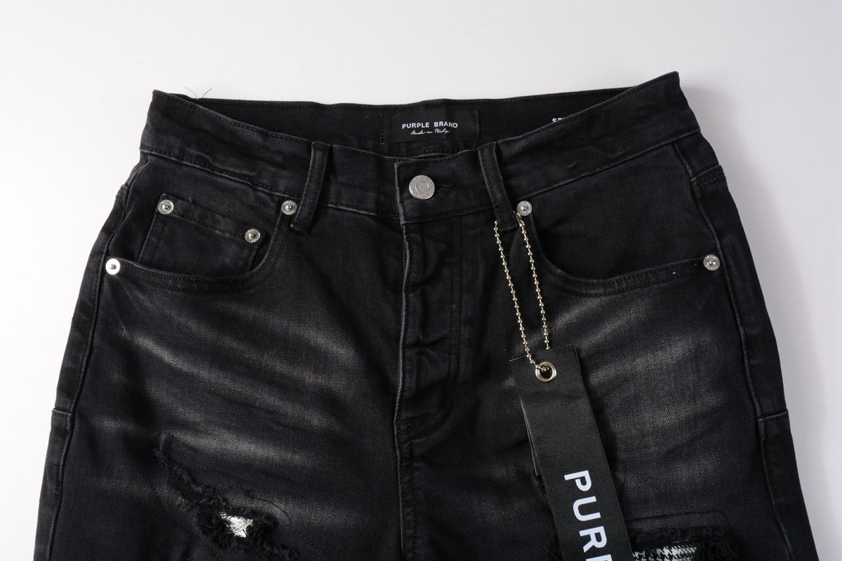 PURPLE  Men Streetwear Denim Shorts Black Wash with Distressed Rips and Plaid Patches 5001