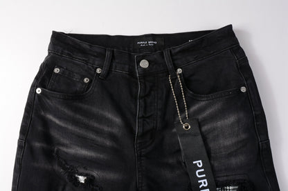 PURPLE  Men Streetwear Denim Shorts Black Wash with Distressed Rips and Plaid Patches 5001