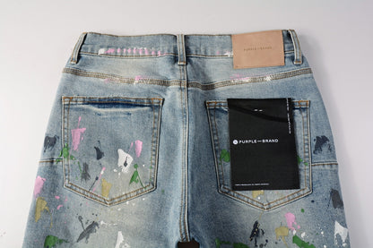 PURPLE  Men Streetwear Denim Shorts Light Blue Wash with Colorful Paint Splashes and Distressed Raw Hem 5066