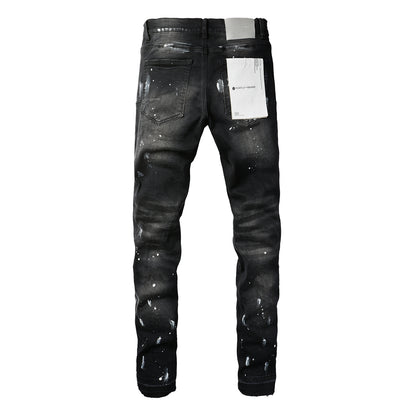 PURPLE   Men Streetwear Skinny Jeans Black Fade Wash with White Paint Splatter and Distressed Rips 9002