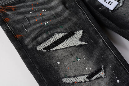 PURPLE  Men Streetwear Skinny Jeans Dark Gray Wash with Distressed Rips and Multi-Color Paint Splatter 9018