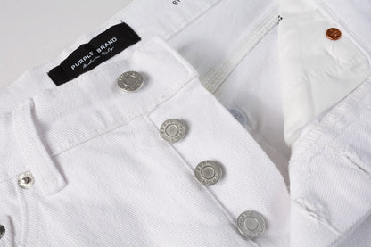 PURPLE  Men Streetwear Denim Shorts White Wash with Black Paint Splatter Print and Raw Hem 5021