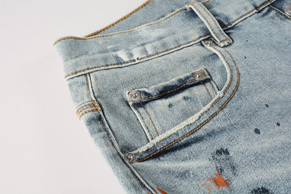 PURPLE  Men Streetwear Denim Shorts Light Blue Wash with Colorful Paint Splashes and Distressed Raw Hem 5071