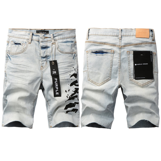 PURPLE  Men Streetwear Denim Shorts Light Blue Wash with Black Paint Streak Print and Raw Hem 5048