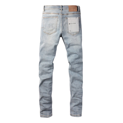 PURPLE   Men Streetwear Skinny Jeans Light Blue Wash with Knee Ripped Details and Black Lining 9010