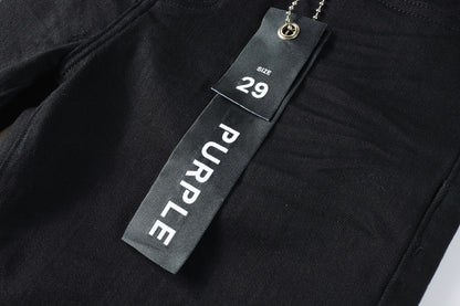 PURPLE  Men Streetwear Denim Shorts Black Wash with Minimalist Design and Raw Hem 5023