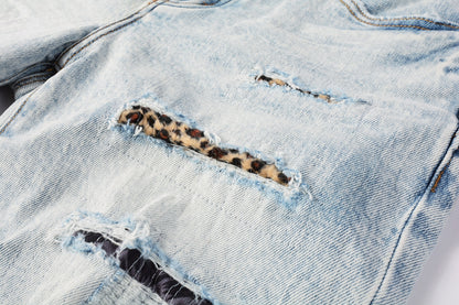 PURPLE Men Streetwear Denim Shorts Light Blue Wash with Leopard Print Patched Rips 5087