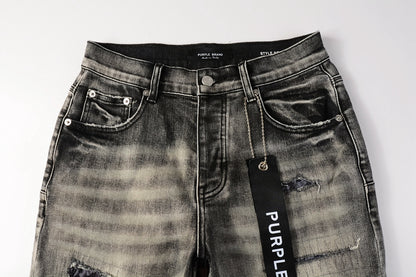 PURPLE  Men Streetwear Denim Shorts Grey Black Wash with Leopard Print Ripped Details and Raw Hem 5068