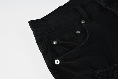 PURPLE  Men Streetwear Black Denim Shorts with Distressed Ripped Details and Raw Hem 5108