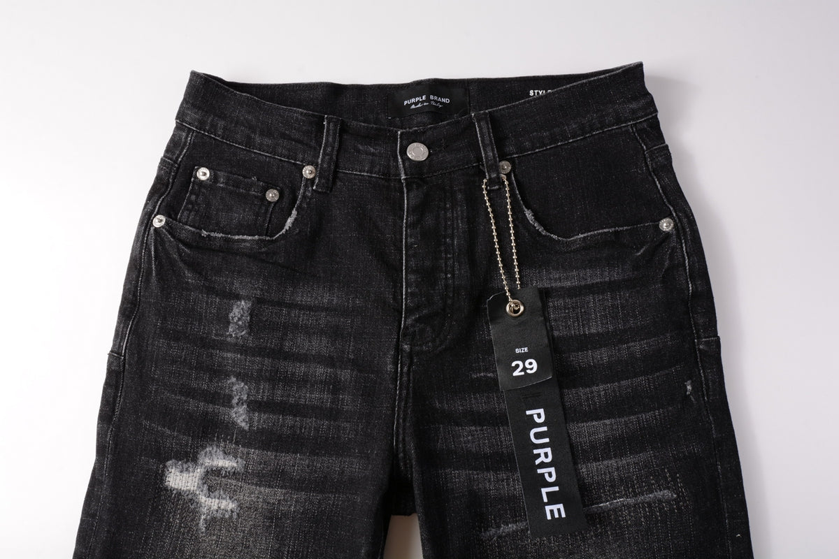 PURPLE   Men Streetwear Denim Shorts Black Wash with Distressed Rips and Raw Hem 5083