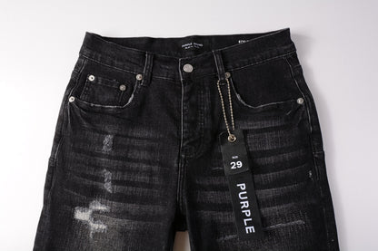 PURPLE   Men Streetwear Denim Shorts Black Wash with Distressed Rips and Raw Hem 5083