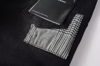 PURPLE  Men Streetwear Denim Shorts Black Wash with Distressed Rips and Plaid Patches 5001