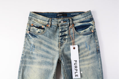 PURPLE  Men Streetwear Skinny Jeans Light Blue Wash with Blue Patched Rips and White Paint Splatter 9050-1