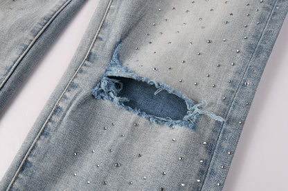 PURPLE  Men Streetwear Skinny Jeans Light Blue with Rhinestone Studs and Distressed Details PU9119