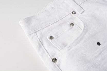 PURPLE  Men Streetwear Denim Shorts White Wash with Black Paint Splatter Print and Raw Hem 5021