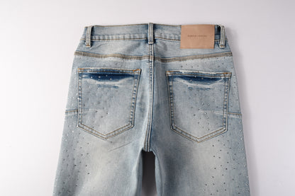 PURPLE  Men Streetwear Skinny Jeans Light Blue with Rhinestone Studs and Distressed Details PU9119