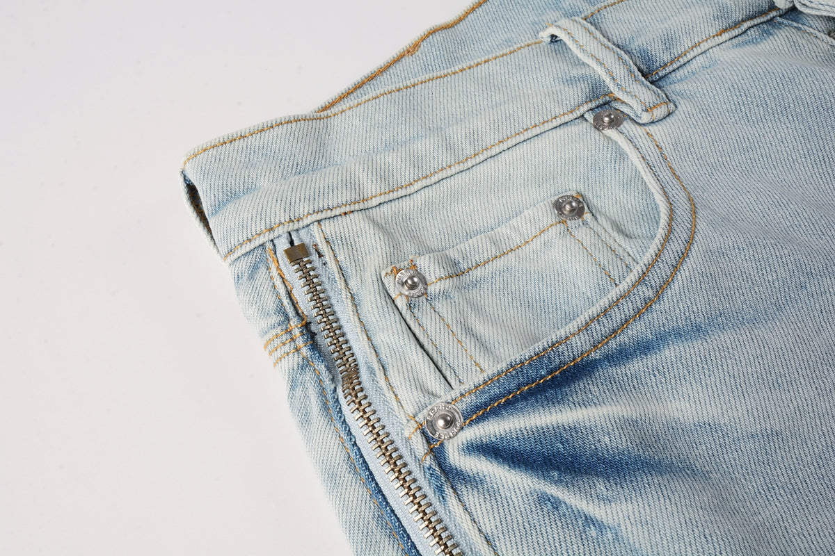 PURPLE  Men Streetwear Denim Shorts Light Blue Wash with Side Zipper and Distressed Raw Hem 5086