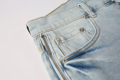 PURPLE  Men Streetwear Denim Shorts Light Blue Wash with Side Zipper and Distressed Raw Hem 5086