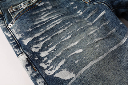 PURPLE  Men Streetwear Skinny Jeans Dark Blue Wash with White Brushstroke Distress 9040