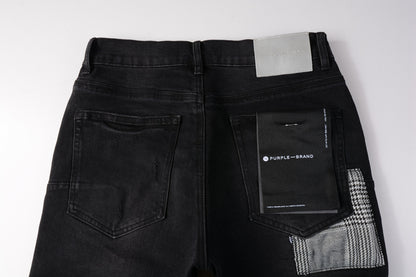 PURPLE  Men Streetwear Denim Shorts Black Wash with Distressed Rips and Plaid Patches 5001