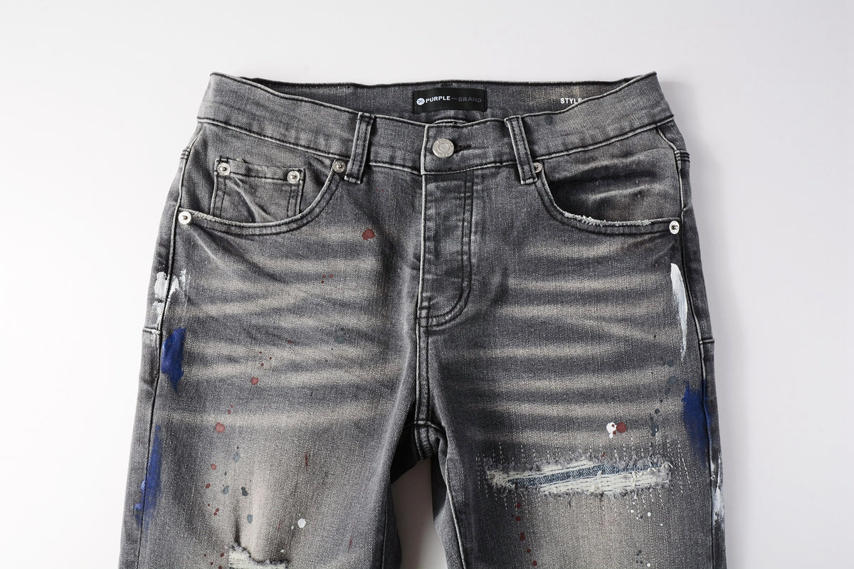 PURPLE  Men Streetwear Distressed Grey Skinny Jeanswith Color Paint Splatter and Knee Rips 9107