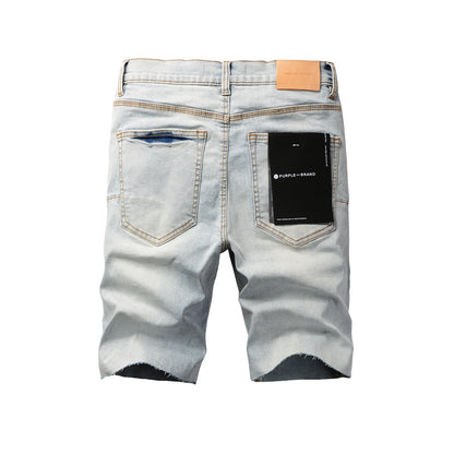 PURPLE  Men Streetwear Denim Shorts Light Blue Wash with Black Paint Streak Print and Raw Hem 5048