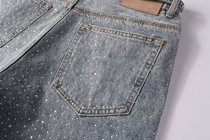 PURPLE   Men Streetwear Straight Denim Shorts Grey Wash with Rhinestone Speckles and Seam Accents 5096