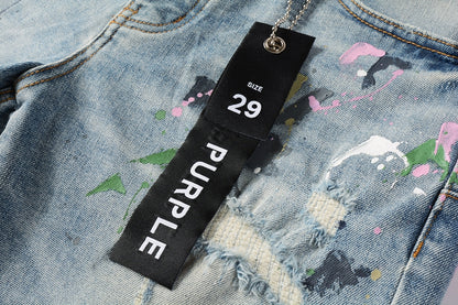 PURPLE  Men Streetwear Denim Shorts Light Blue Wash with Colorful Paint Splashes and Distressed Raw Hem 5066